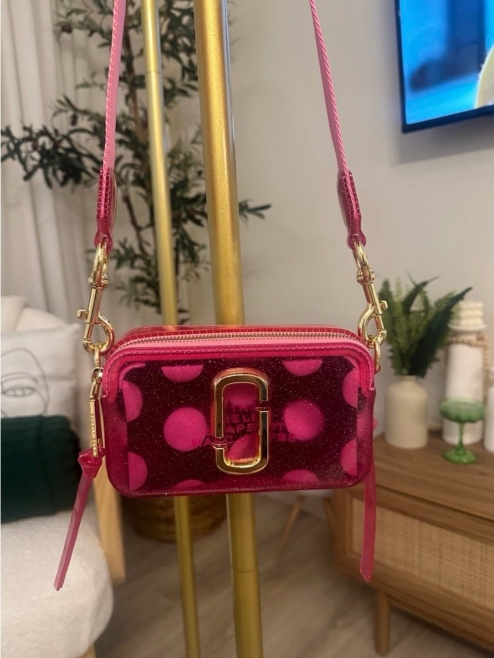 Marc Jacobs Hot Pink Polka Dot Snapshot Crossbody with Gold Hardware